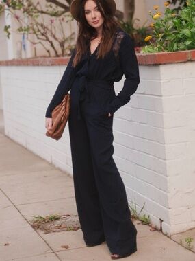 Current Air Navy Blue Dot Print Lace Jumpsuit